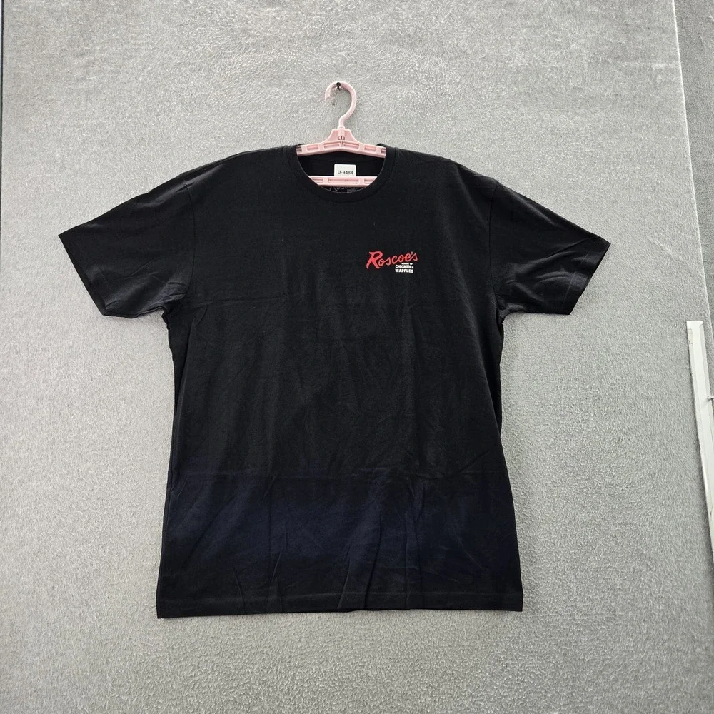 Roscoe's Men Shirt XL Black Graphic Print Chicken Waffles Streetwear Logo Short‎